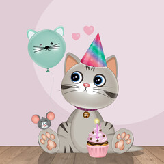 illustration of cat celebrating birthday