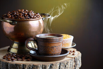 Espresso coffee with coffee beans on old background.