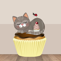 funny illustration of cat sleeping on the cupcake