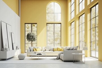 Modern Light Yellow Living Room. Big Windows. Big Empty Wall. Marble Texture Wall. Generative AI