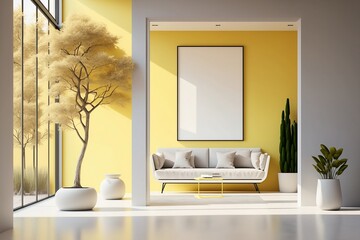 Modern Light Yellow Living Room with a Big Empty Frame. Generative AI