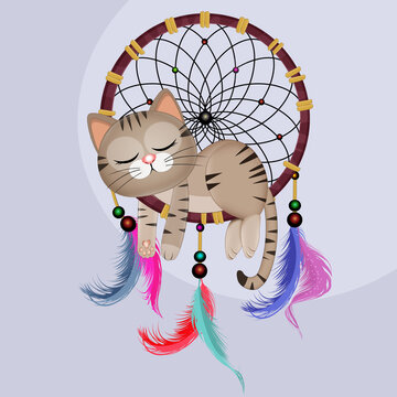 illustration of cat sleeping on dream catcher