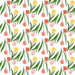 Floral seamless pattern of yellow, pink and red tulips, can be used as a background, textile decoration and design