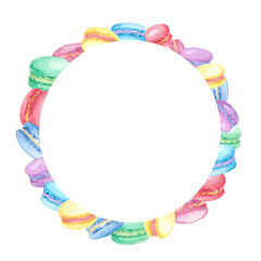 Circle frame template filled with watercolor paintings of colorful macaroons, an image or photo can be inserted inside