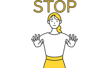 ストップの合図、体の前に手を突き出すカジュアルな格好をした若い女性