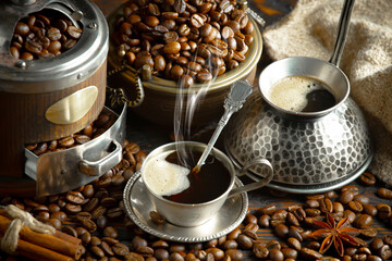 Espresso coffee with coffee beans on old background.