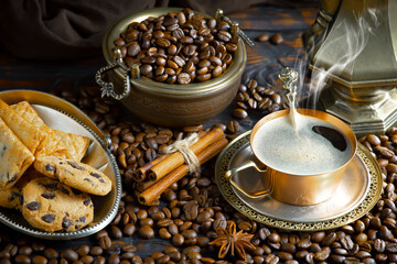Espresso coffee with coffee beans on old background.