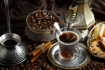 Espresso coffee with coffee beans on old background.