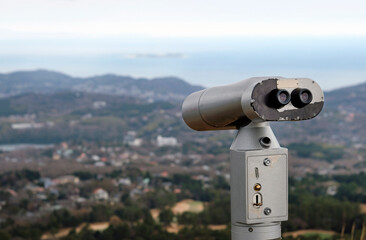 Binoculars or telescope at a view point on Mount Omuro in Japan