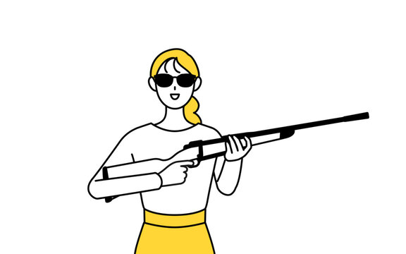 recommend clip art: サングラスをかけてライフル銃を持つカジュアルな格好をした若い女性