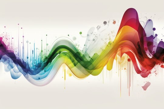 Modern technology, digital communication, science, and music concept visualized by a abstract wavy line flow in a rainbow of colors against a white background. Generative AI