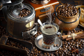 Espresso coffee with coffee beans on old background.