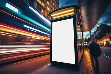 Mockup of blank advertising light box on the bus stop with people walking by. Motion blur effect, Digital Media billboard, signboard for product advertisement design, .Generative AI