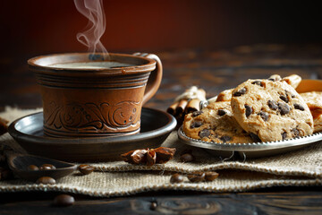 Espresso coffee with coffee beans on old background.