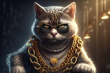 cat gangsta rapper in sunglasses and gold chains. Thug life concept. Generative AI illustration - obrazy, fototapety, plakaty