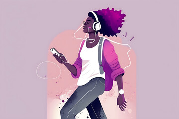 Flat vector illustration Happy cheerful african american teenager with headphones holding mobile phone, dancing, listening to online music with mobile technology, standing over light purple isolated..