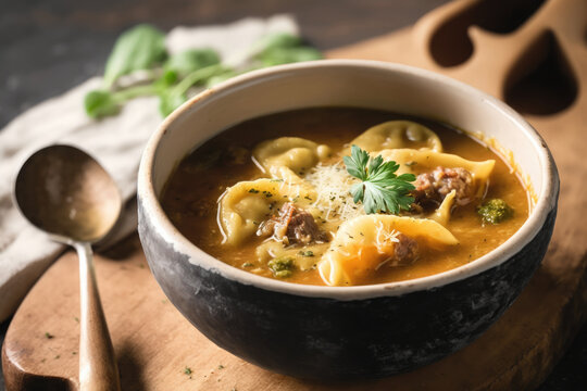 Tortellini Cream Soup with Wonton Roll Stuffed with Sausage