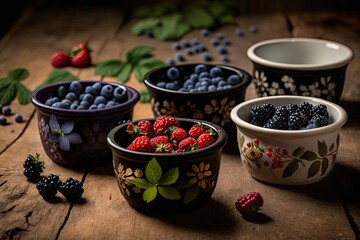Blackberries, blueberries, strawberries, and raspberries, all freshly picked, sit in little ceramic ramekins on a dirty wooden counter. Generative AI