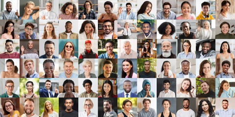 Multiethnic people smiling and gesturing on various backgrounds, collage