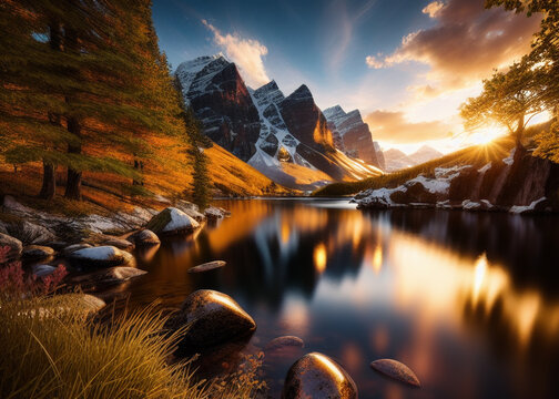 a large body of water surrounded by trees, golden heavenly lights, breathtaking mountains, panoramic anamorphic, mist art of illusion
