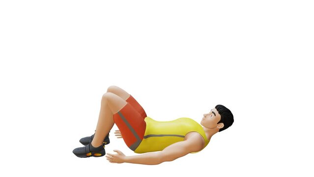 Animated character doing Foot To Foot Crunch. Heel Touch exercise in 3d animation and illustration. Perfect for fitness themed productions, health products, diet plans, weight loss. 3d Render