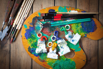 Paints and brushes for drawing. Artistic creativity.