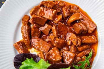 squid tomato sauce aperitif food seafood salad fresh meal food snack on the table copy space food background rustic top view