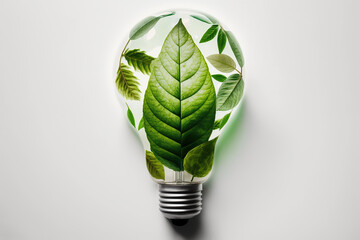 Obraz na płótnie Canvas Green energy, light bulb with tree leaves. Ai generative content