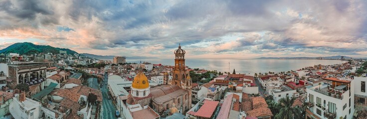 Panorama photo of the city of Puerto Vallarta at the sunset