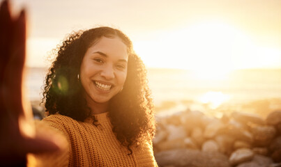 Selfie, sunset and mockup with a black woman on the beach during summer for a holiday or vacation....