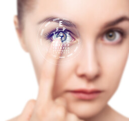 Woman wearing lens in eye and see clearly.