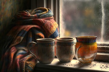 Mugs wrapped in a warm scarf, resting on a wet window after a rainstorm; cozy beverages for the season. Generative AI