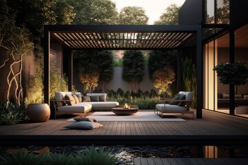 Fototapeta premium Experience Ultimate Luxury with the Exquisite Interior Design of a Lavish Outdoor Garden Featuring Teak Hardwood Deck and Black Pergola, Perfect for Relaxing Evenings by the Pool, Generative AI.