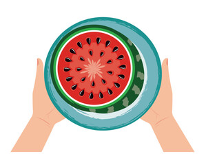 Hands holding a dish of half a watermelon. Vector illustration on white background.
