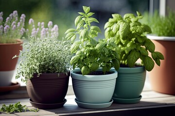 new herbs in pots for the balcony garden. Generative AI