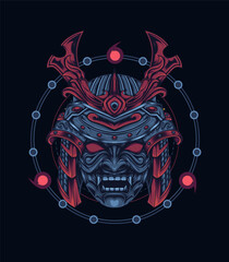 A Japanese samurai mask and helmet in a woodcut style. Dark artI llustration