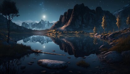 Fototapeta na wymiar beautiful landscape, lake, starry night, northern lights