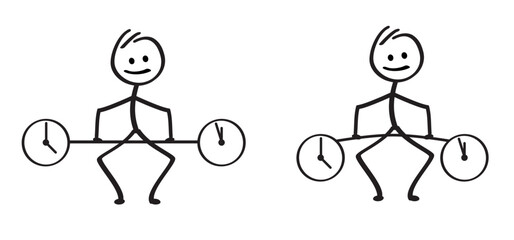 Cartoon Stickman think of deadline, stick figure man and weightlifting. Weightlift and deadlines time clock. Fitness workout. Weightlifter or businessmen for date, motivation and inspiration concept.