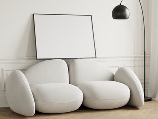 Horizontal frame mockup with white sofa in a modern interior room, 3d render