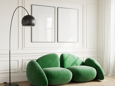 Two frames mockup with green sofa in a modern interior room, 3d render