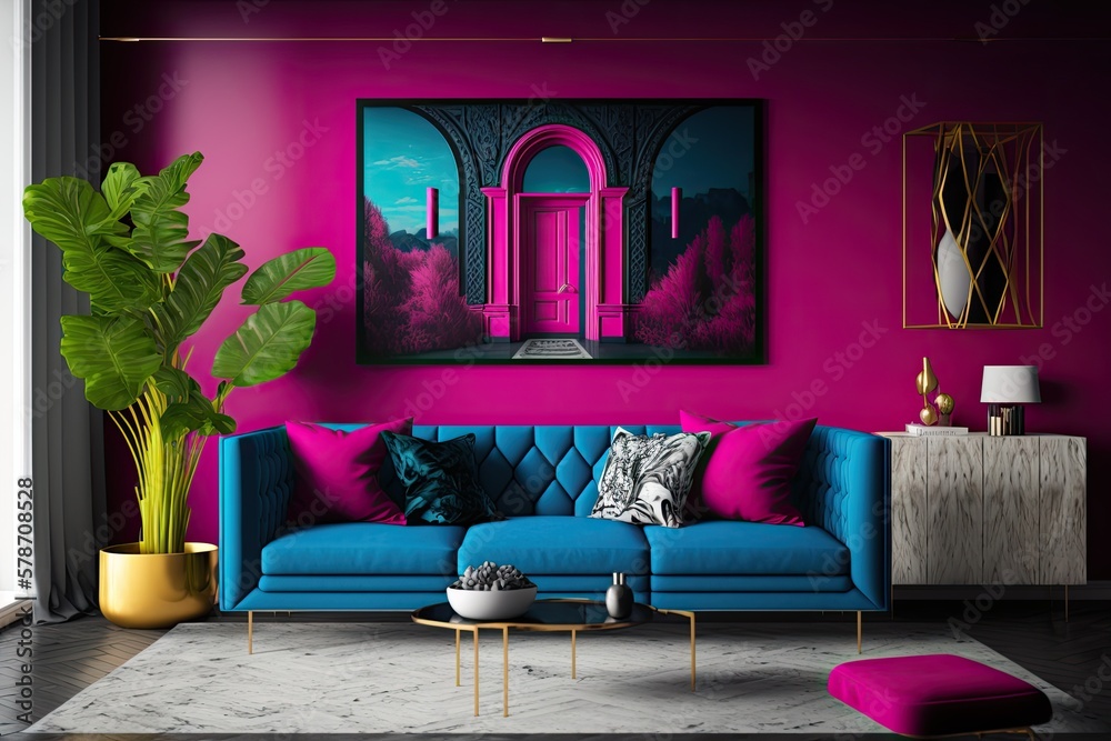 Poster a mockup of a living room decorated with a sofa and art in a vibrant magenta hue. generative ai