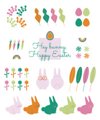 Fun and playful modern vector icon set. Easter and spring celebration. Build your own card, poster, banner or advertising. Bright and happy colors. Simple lines. Minimal style.