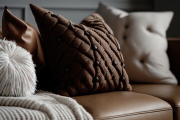 Indoor closeup of brown eco leather sofa with plush cushions and white knitted blanket placed next to a wall. Ideas for a dry cleaned couch and other pieces of contemporary furniture in the living roo