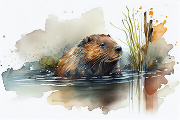 Beaver drawing with bit of watercolour. generative ai