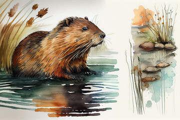 Beaver drawing with bit of watercolour. generative ai - obrazy, fototapety, plakaty