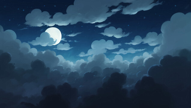 Clouds Sky Illuminated by Moon in The Night Hand Drawn Painting Illustration
