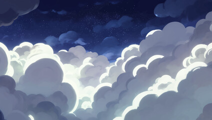 Glowing Illuminated Clouds in The Night Sky Background Hand Drawn Painting Illustration