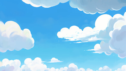 Clouds in A Bright Blue Sky Background Hand Drawn Painting Illustration © Reytr
