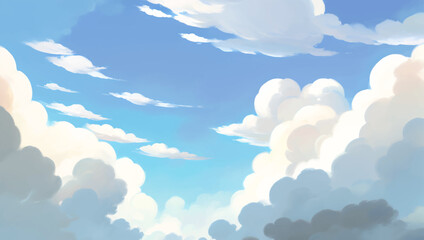 Clouds in A Bright Blue Sky Background Hand Drawn Painting Illustration