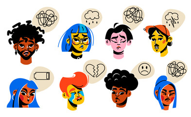 A set of characters with emotions. People are sad, worried. Psychotherapy, reflection, burnout, emotions.
